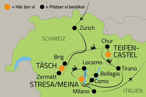 Geografisk karta över Schweiz och Italien.
